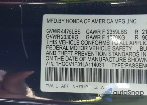 2020 Honda Accord Sport from USA, damaged, VIN 1HGCV1F31LA114031